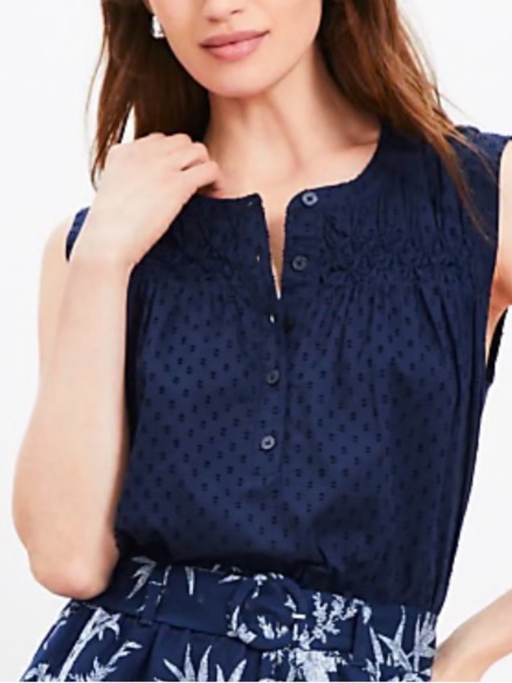 NWT Loft Pleated Yoke Mixed Media Top - Picture 1 of 8